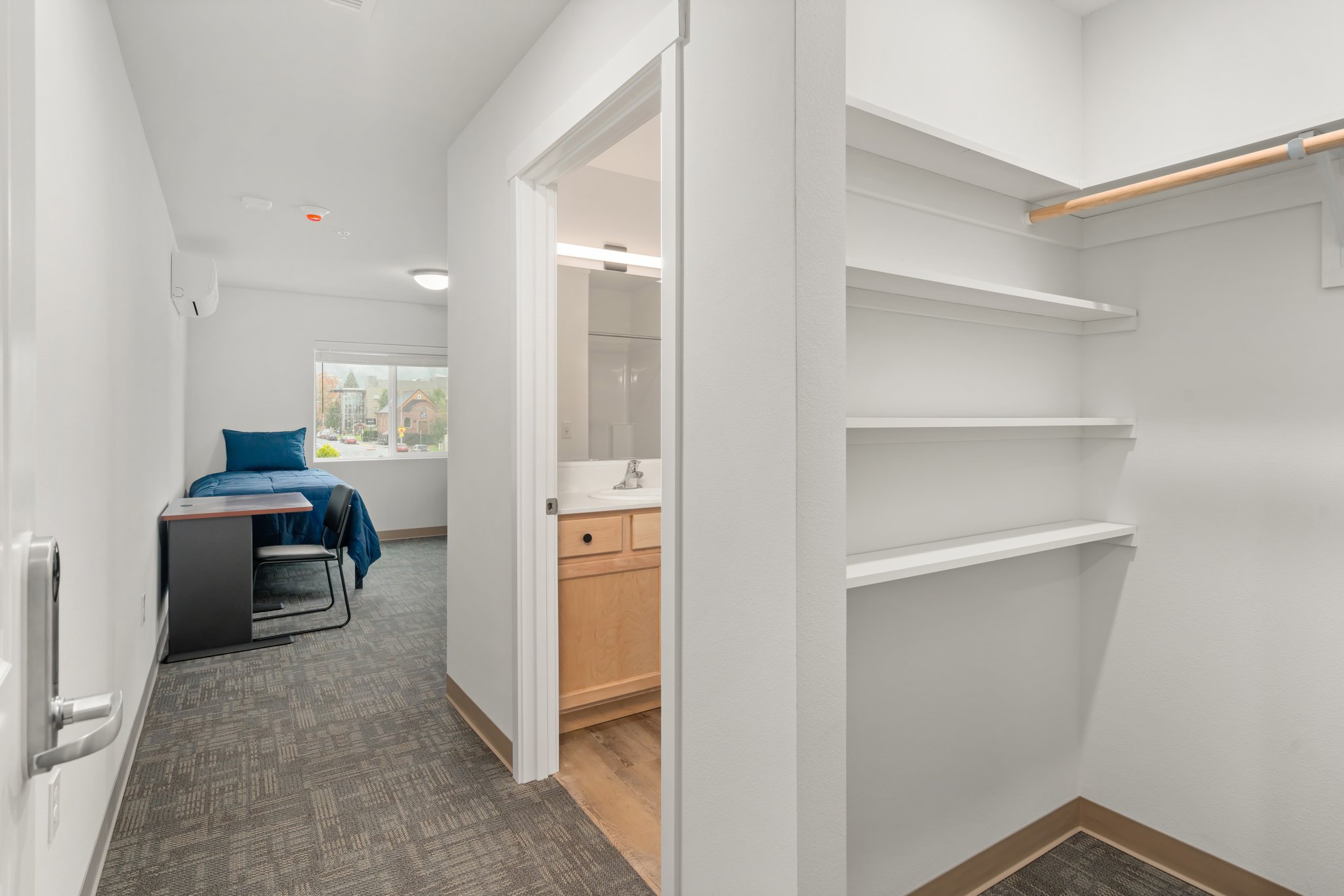 View of closet and bathroom door from bedroom entrance.